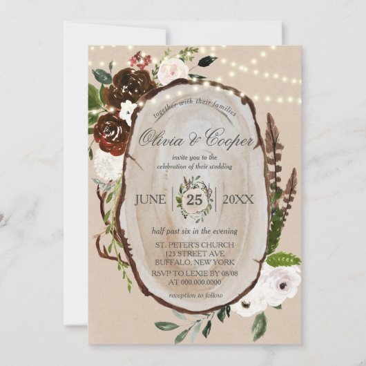Invitation Boho Bois Slice Feather Marsala Floral Mariage Dan (Devant)