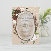 Invitation Boho Bois Slice Feather Marsala Floral Mariage Dan (Debout devant)
