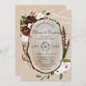 Invitation Boho Bois Slice Feather Marsala Floral Mariage Dan (Devant / Derrière)