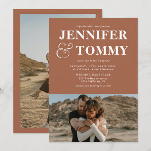 Invitation Boho bold names rétro 2 photos mariage terre cuite
