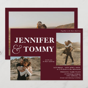 Invitation Boho bold names rétro 3 photos mariage bordeaux