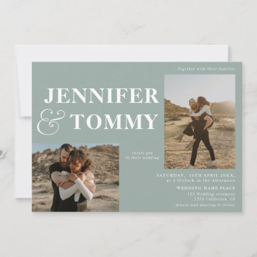 Invitation Boho bold names rétro 3 photos mariage sauge vert (Devant)