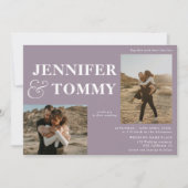 Invitation Boho bold names rétro 3 photos mariage violet (Devant)