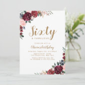 Invitation Boho bordeaux aquarelle florale 60e anniversaire (Debout devant)