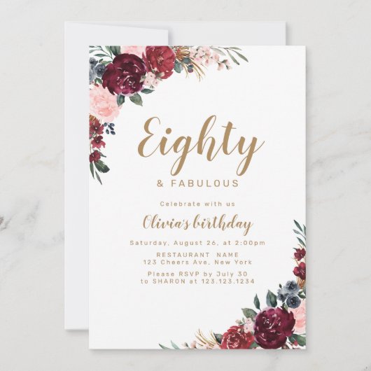 Invitation Boho bordeaux aquarelle florale 80e anniversaire (Devant)