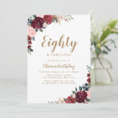 Invitation Boho bordeaux aquarelle florale 80e anniversaire (Debout devant)