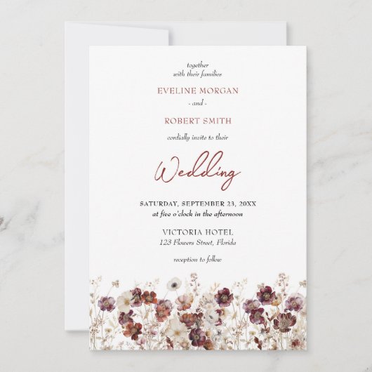 Invitation Boho bordeaux et terre cuite fleurs sauvages (Devant)