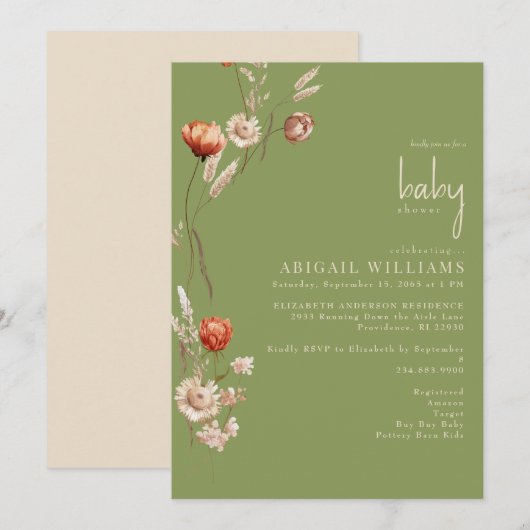 Invitation Boho Botanical Moss Green & Cream Baby shower (Devant / Derrière)