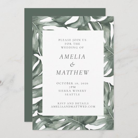 Invitation Boho Botanique Aquarelle Monstera Vert Mariage (Devant / Derrière)