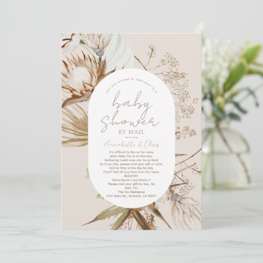 Invitation Boho Botanique Baby shower beige par la poste (Debout devant)