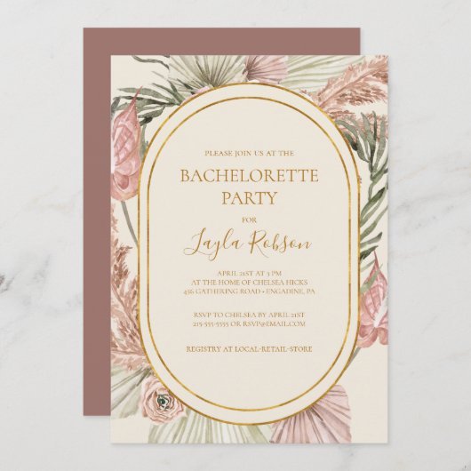 Invitation Boho Botanique Dusty Rose Bachelorette Party (Devant / Derrière)