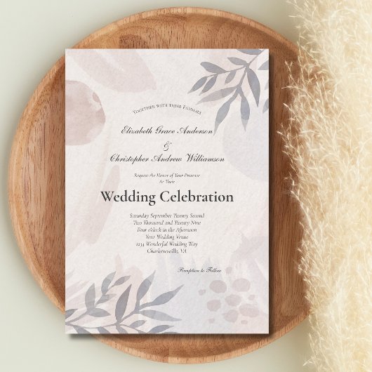 Invitation Boho Botanique Feuilles rose bleu Mariage