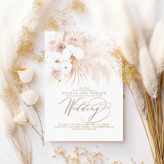 Invitation Boho Botanique Orchidées Blanches Pampas Mariage e