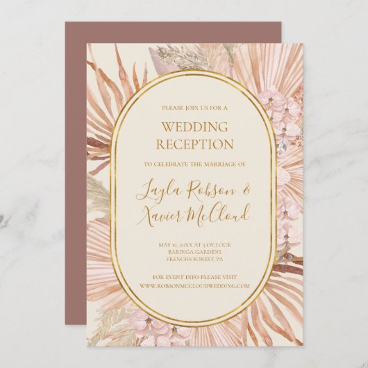 Invitation Boho Botanique | Réception de mariage Rose Poussié (Devant / Derrière)