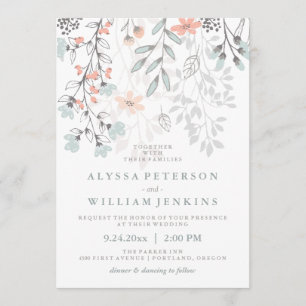 Invitation Boho Botanique Rustique Mariage en Coral et Grey