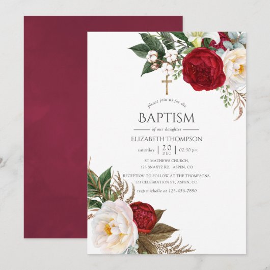Invitation Boho Bourgogne - Baptême Floral Marsala (Devant / Derrière)