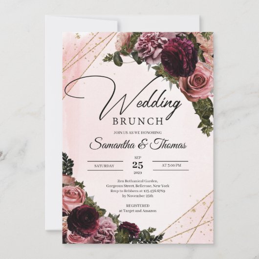 Invitation Boho Bourgogne et brunch des fleurs de marron roux (Devant)