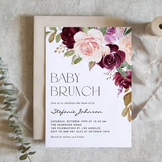 Invitation Boho Bourgogne et fleurs de pêche Chute Bébé Brunc