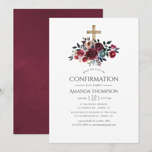 Invitation Boho Bourgogne et floral de confirmation marine (Devant / Derrière)