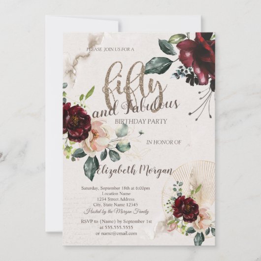 Invitation Boho Bourgogne Fleurs 50e fête d'anniversaire (Devant)