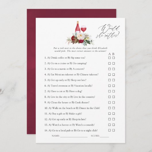 Invitation Boho Bourgogne Floral Vin Dégustation Fête des mar (Devant / Derrière)