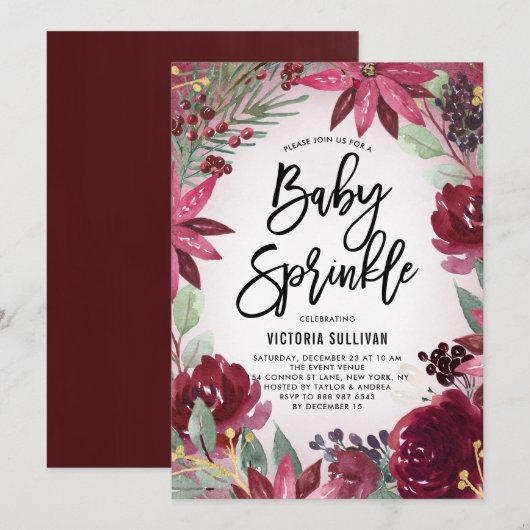 Invitation Boho Bourgogne Hiver Baby shower Floral Saupoudrer (Devant / Derrière)