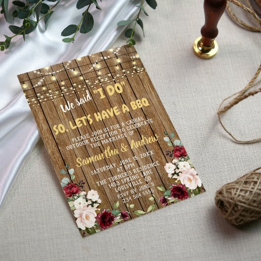 Invitation Boho Bourgogne rose Floral Vieux Bois I DO BBQ