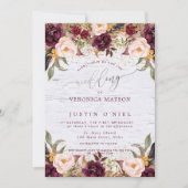 Invitation Boho Bourgogne+Rose Pâle Fleurs Aquarelle (Devant)