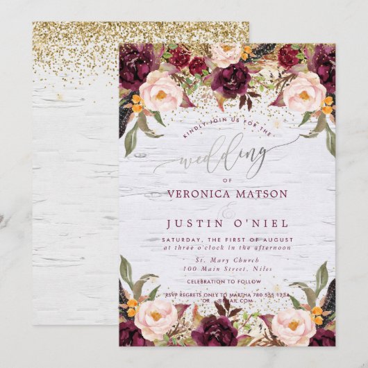Invitation Boho Bourgogne+Rose Pâle Fleurs Aquarelle (Devant / Derrière)