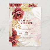 Invitation BOHO Bourgogne Rose Pampas Mariage (Devant / Derrière)