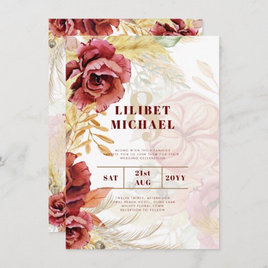 Invitation BOHO Bourgogne Rose Pampas Mariage (Devant / Derrière)