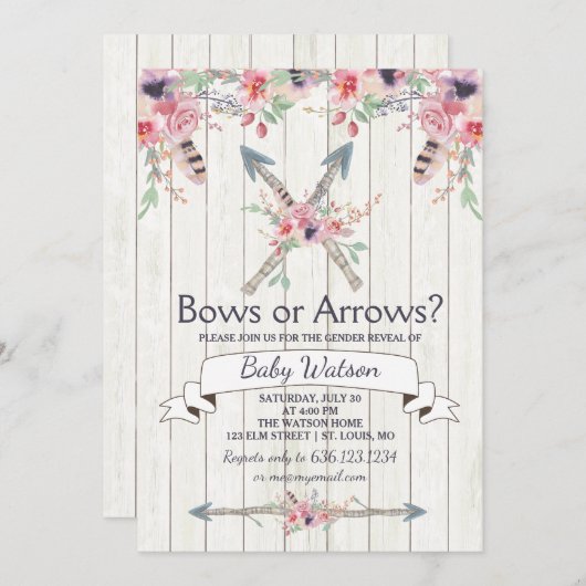 Invitation Boho Bows or Flrows Gender Revevela Party (Devant / Derrière)