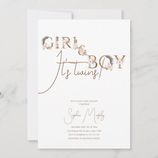 Invitation Boho Boy & Girl Twins Rustic Baby shower Invitatia (Devant)