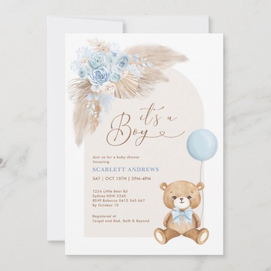Invitation Boho Boy Teddy Bear Baby shower de ballon (Devant)