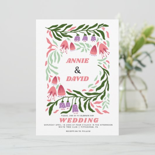 Invitation Boho branches rétro et fleurs Code QR mariage (Debout devant)