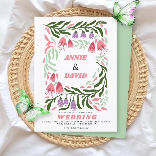 Invitation Boho branches rétro et fleurs Code QR mariage