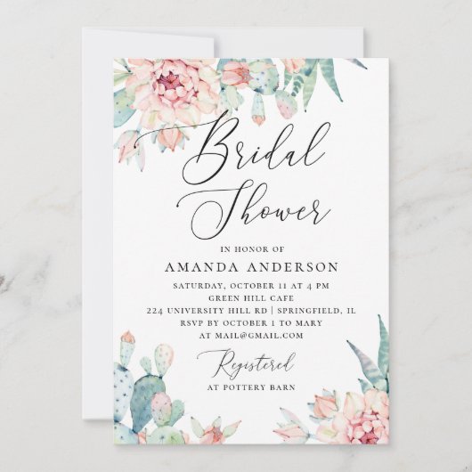 Invitation Boho Bridal Shower | Watercolor Cactus Floral (Devant)