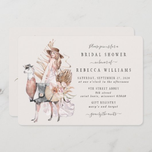 Invitation Boho Bride et Llama Fête des mariées (Devant / Derrière)