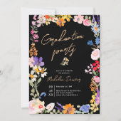 Invitation Boho Bright Wildflower Black Photo Graduation (Devant)