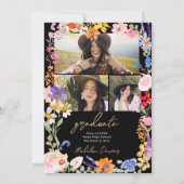 Invitation Boho Bright Wildflower Black Photo Graduation (Dos)