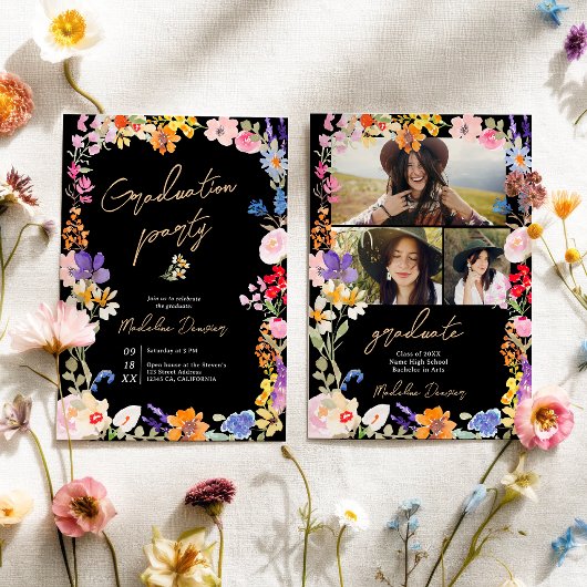 Invitation Boho Bright Wildflower Black Photo Graduation