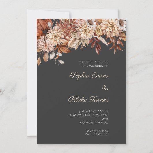 Invitation Boho Brown Floral Hiver Gris Mariage (Devant)