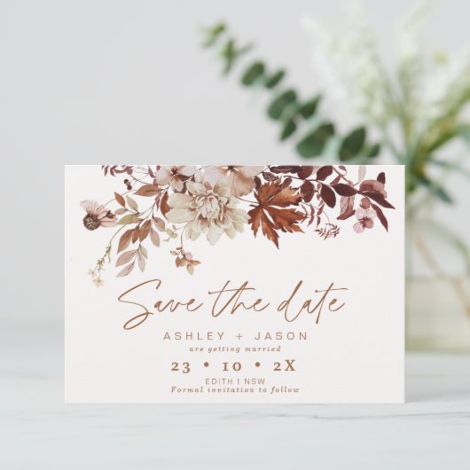 Invitation Boho Brown Floral Mariage de automne Enregistrer L (Debout devant)