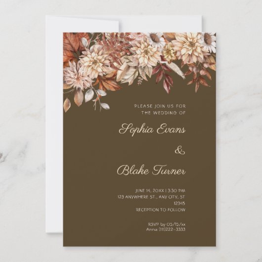 Invitation Boho Brown Floral Winter Café Brown Mariage (Devant)