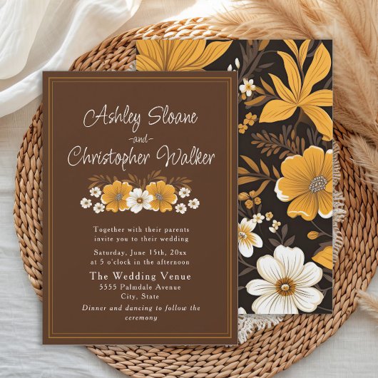 Invitation Boho Brown Gold Floral Autumn Wedding