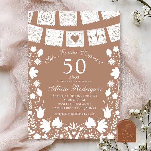 Invitation Boho Brown Talavera Mexican Surprise Birthday