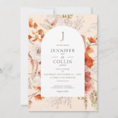Invitation Boho Brûlé Orange Chute Florale Arc Monogramme Pêc (Devant)