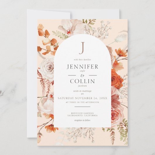 Invitation Boho Brûlé Orange Chute Florale Arc Monogramme Pêc (Devant)