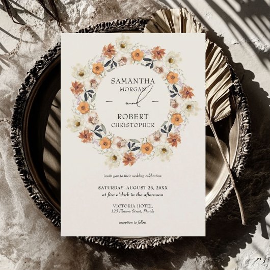 Invitation Boho brûlé orange cuivre fleurs sauvages couronne