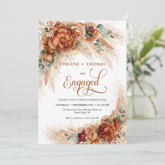 Invitation Boho brûlé orange fleurs de cuivre pampas eucalypt (Debout devant)